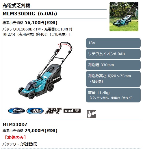 マキタ MLM330DRG 330mm充電式芝刈機 (18V/6.0Ah) (バッテリBL1860B×1