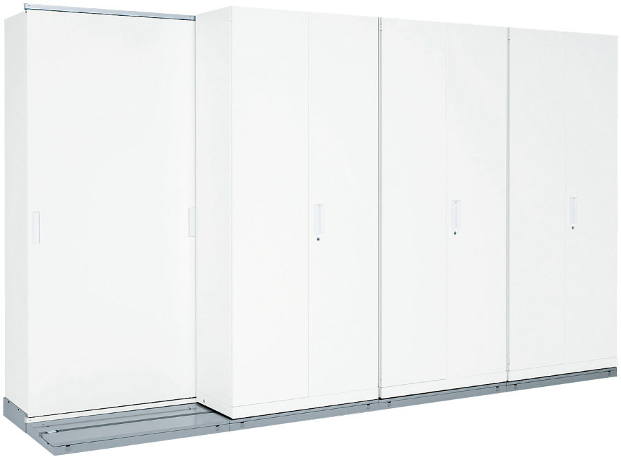 前列書庫がスライドレールと車輪でスイスイ移動 オフィス壁面収納庫