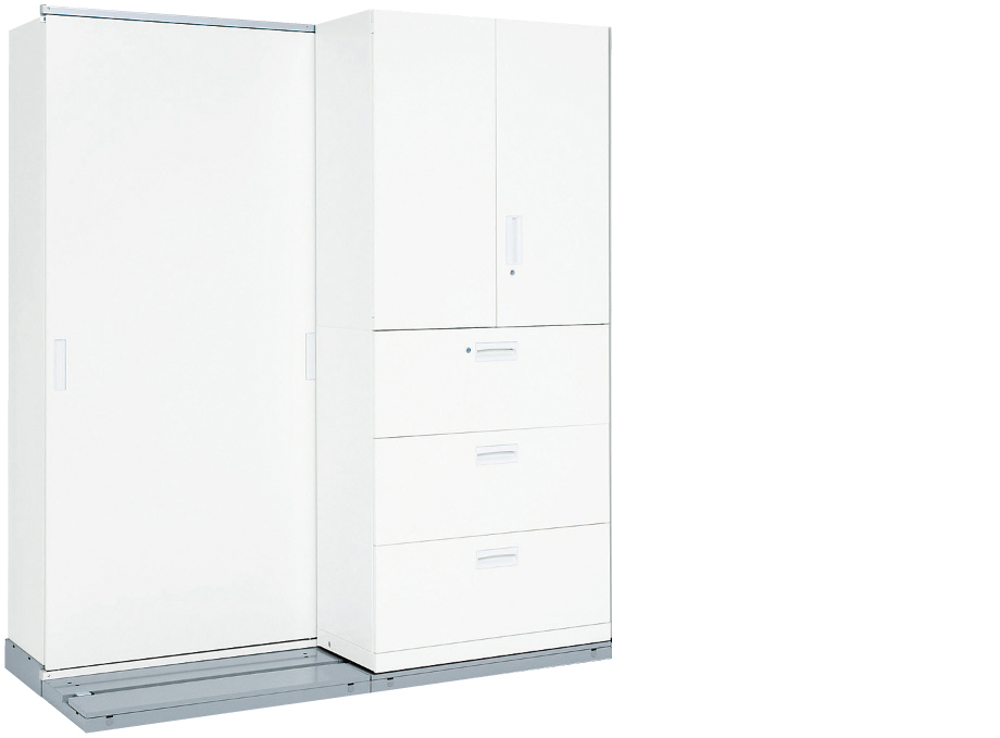 前列書庫がスライドレールと車輪でスイスイ移動 オフィス壁面収納庫