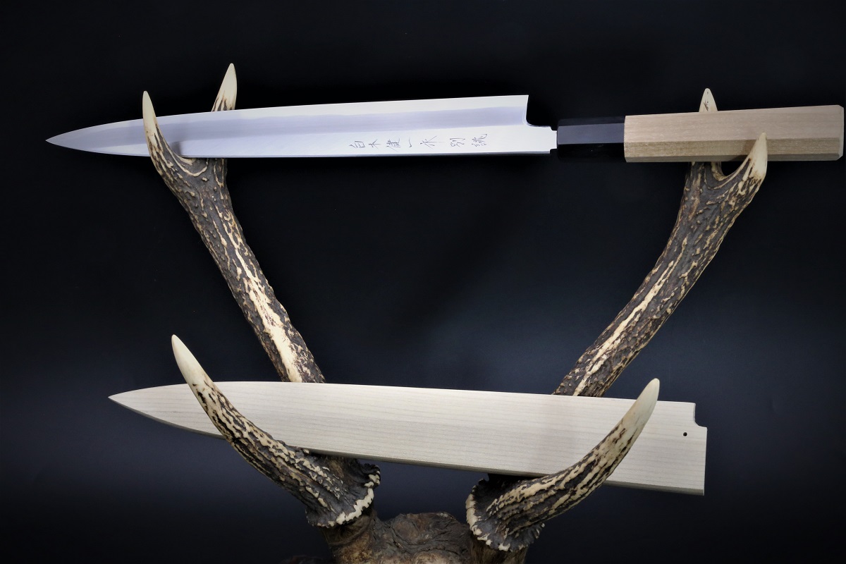 柳刃 青二鋼 300mm 本霞仕上 白木健一作-歌舞伎ナイフ
