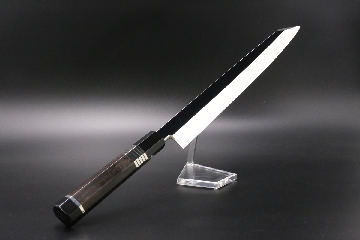 切付柳刃 銀三 330mm 鍛造 表鏡面仕上げ 黒檀柄 鞘付き-歌舞伎ナイフ