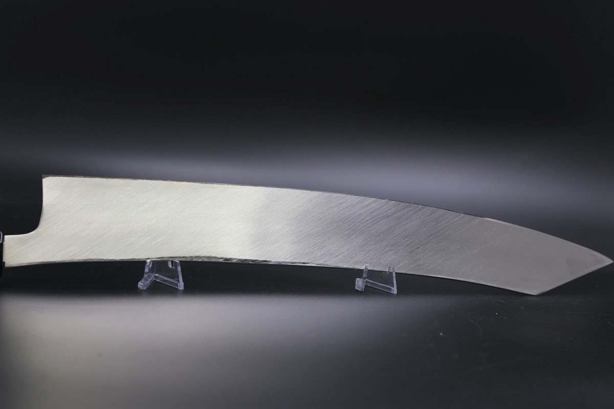 特注 切付柳刃 V金10号 390mm 全鋼本焼 平鏡面 巾広52mm 鬼反り 黒檀柄