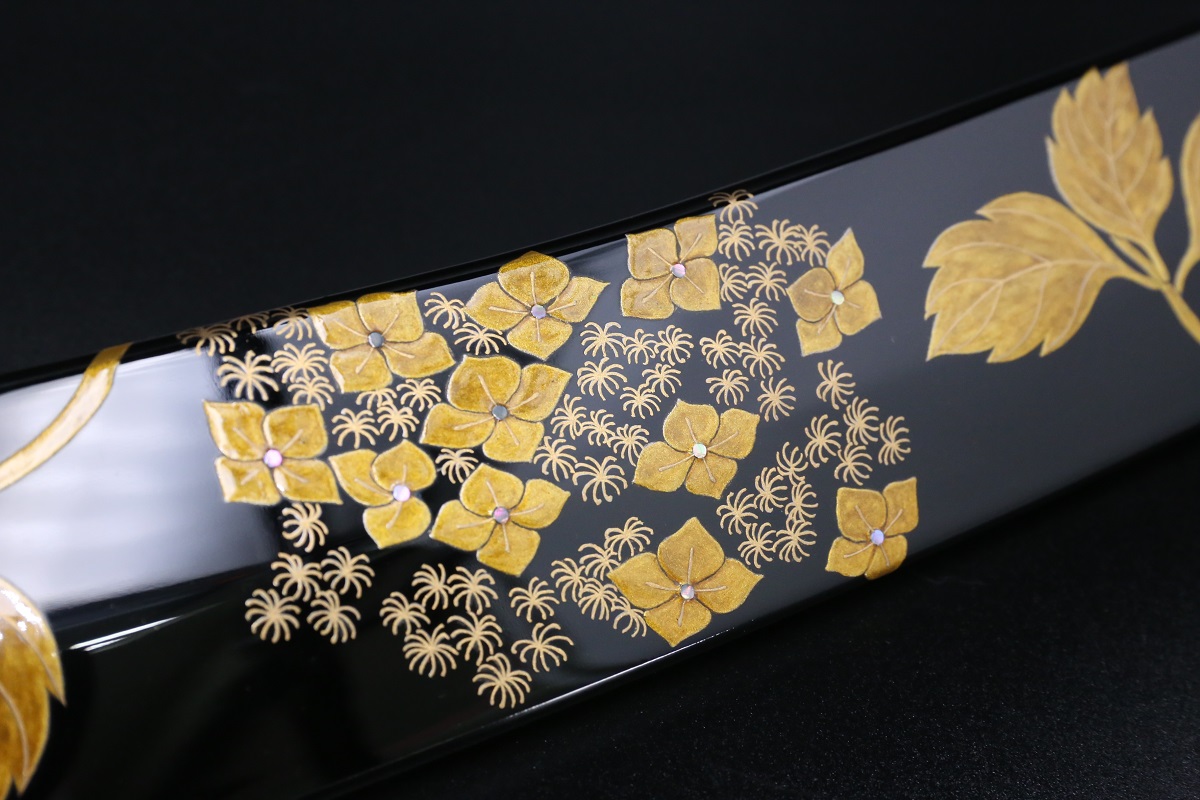 参考商品】鞘 黒漆＋紫陽花の蒔絵-歌舞伎ナイフ