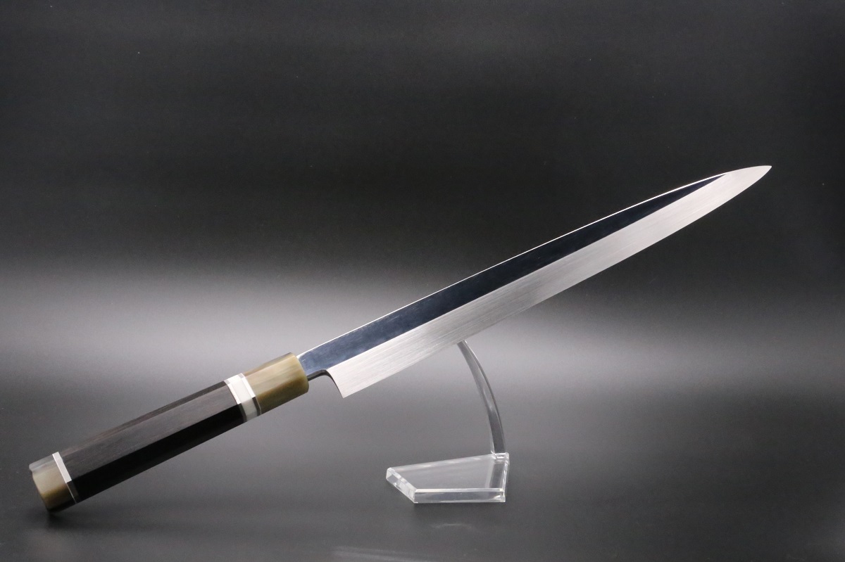 柳刃 白一鋼 330mm 水本焼 正行作 八角黒檀柄 池田辰男作-歌舞伎ナイフ