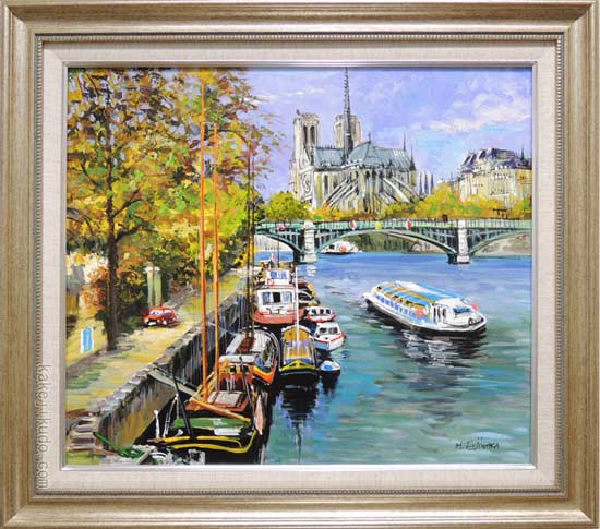 絵画 油絵 セーヌ河・ノートルダム寺院 フランス・パリ （藤原英信