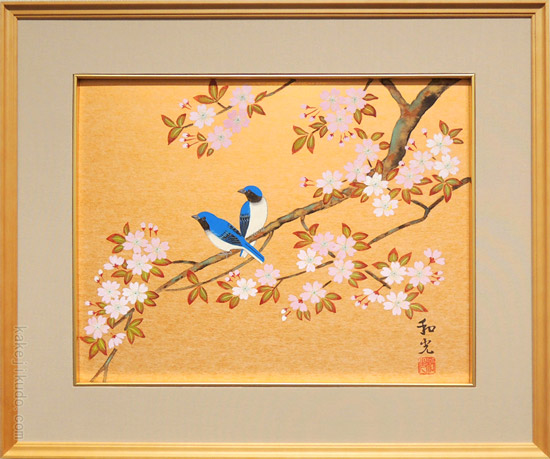 金箔使用 桜と小鳥の日本画屏風 金箔使用 桜と小鳥の日本
