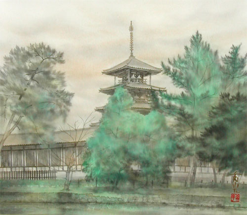 掛け軸 法隆寺 (小林希光) 送料無料 【掛軸】【一間床】【丈の短い掛軸