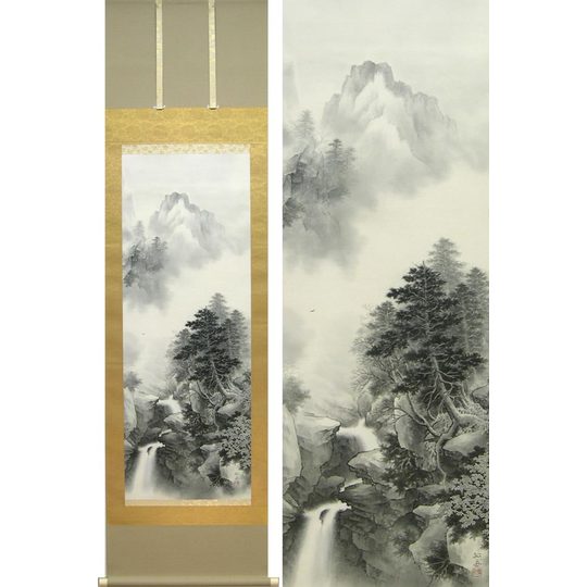 掛け軸 水墨山水 (武藤孤舟) ※即納※ 送料無料 【掛軸】【一間床・半間