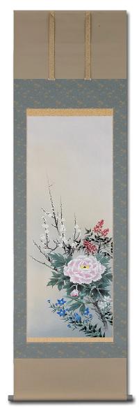 四季草花 松沢江月 尺五立 肉筆！ 花鳥画 - 掛け軸（掛軸）販売通販