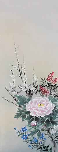 四季草花 松沢江月 尺五立 肉筆！ 花鳥画 - 掛け軸（掛軸）販売通販