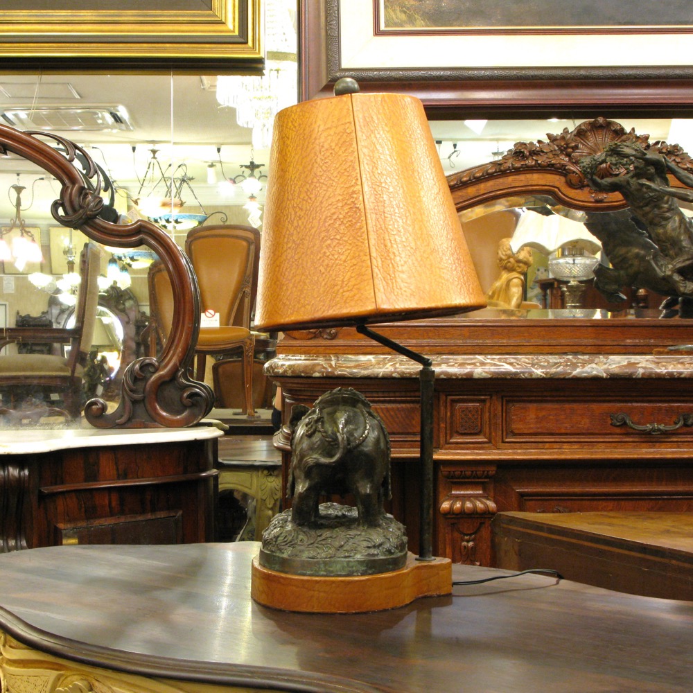 アメリカ 20世紀初頭 アンティーク ブロンズ＆レザーシェード テーブル