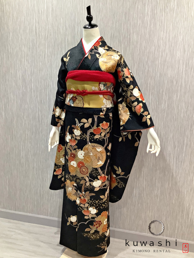 正絹振袖レンタル】 80033 黒地金橘地紋正絹振袖袋帯セット