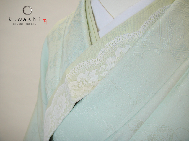 正絹色無地レンタル】 10033 ミントグリーン地紋正絹色無地 袋帯