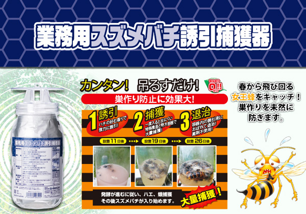 業務用スズメバチ誘引捕獲器」スズメバチの女王蜂、働き蜂を退治して巣