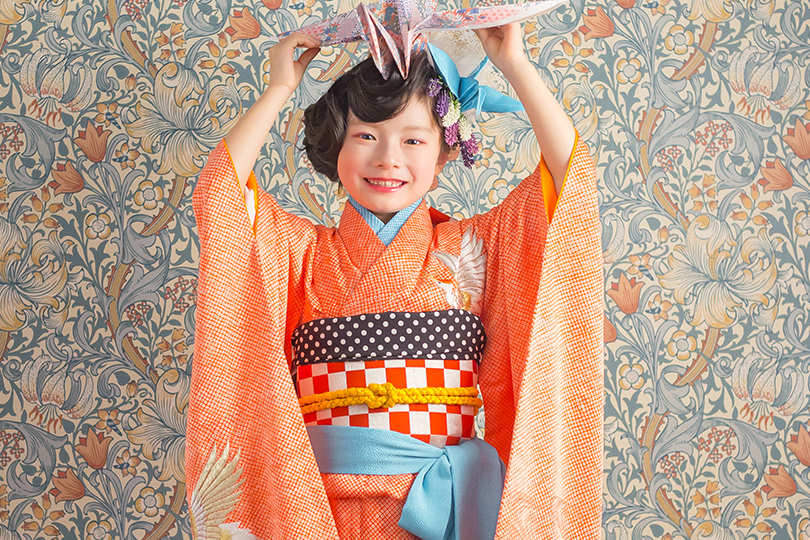 7歳 絞りオレンジ 外出専用着物 | つくば市のレトロ七五三撮影ハイカラ