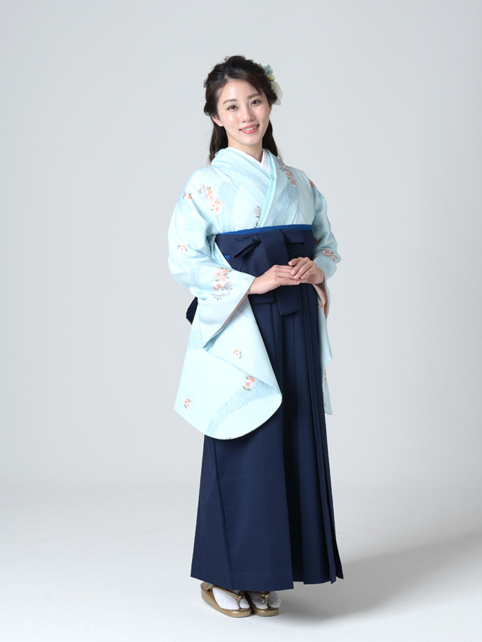袴レンタル｜卒業式｜二尺袖 着物のみ｜ブルー 半月に花