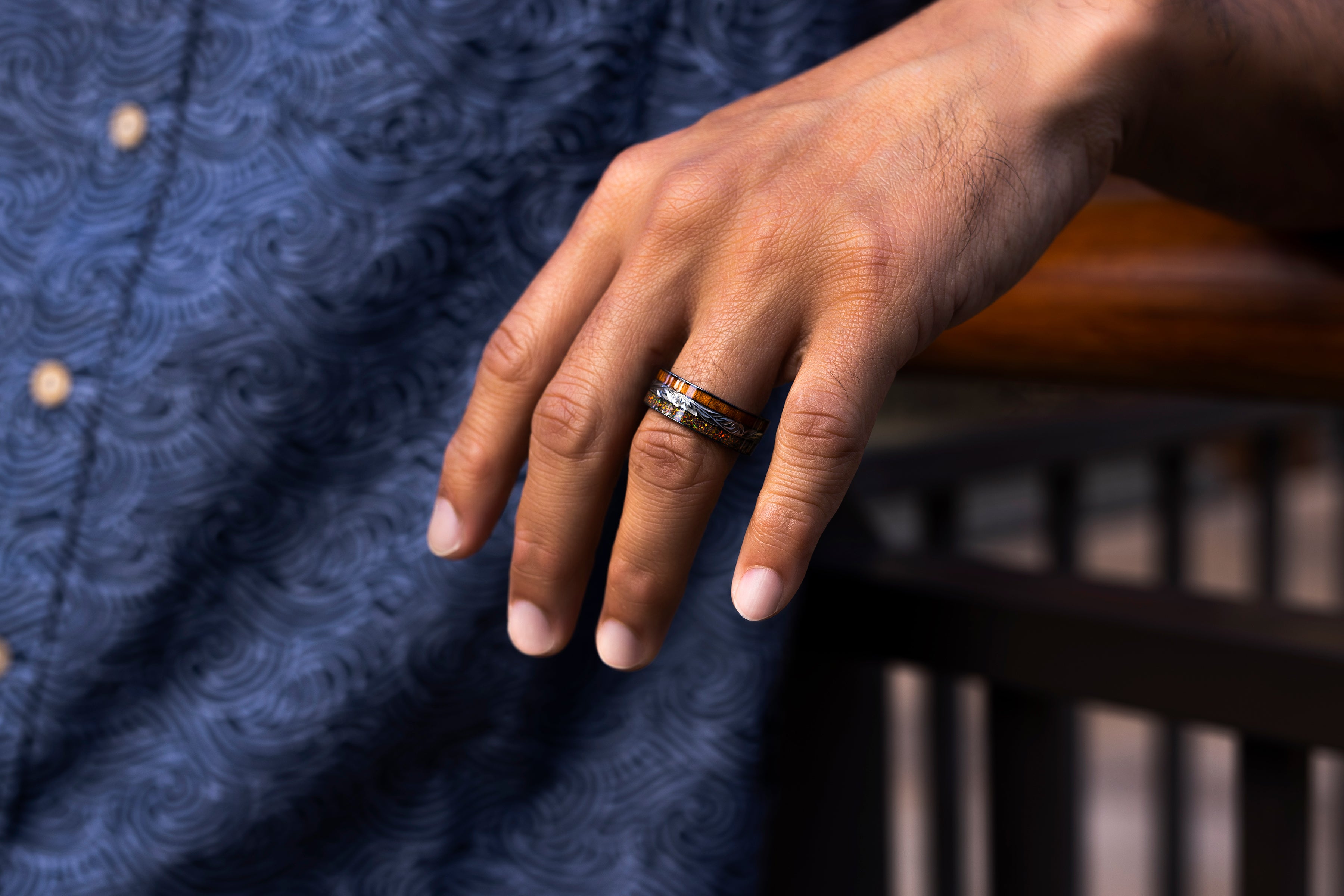 Black Zirconium Hand Engraved [8mm width] Fire Opal & Hawaiian Koa Woo