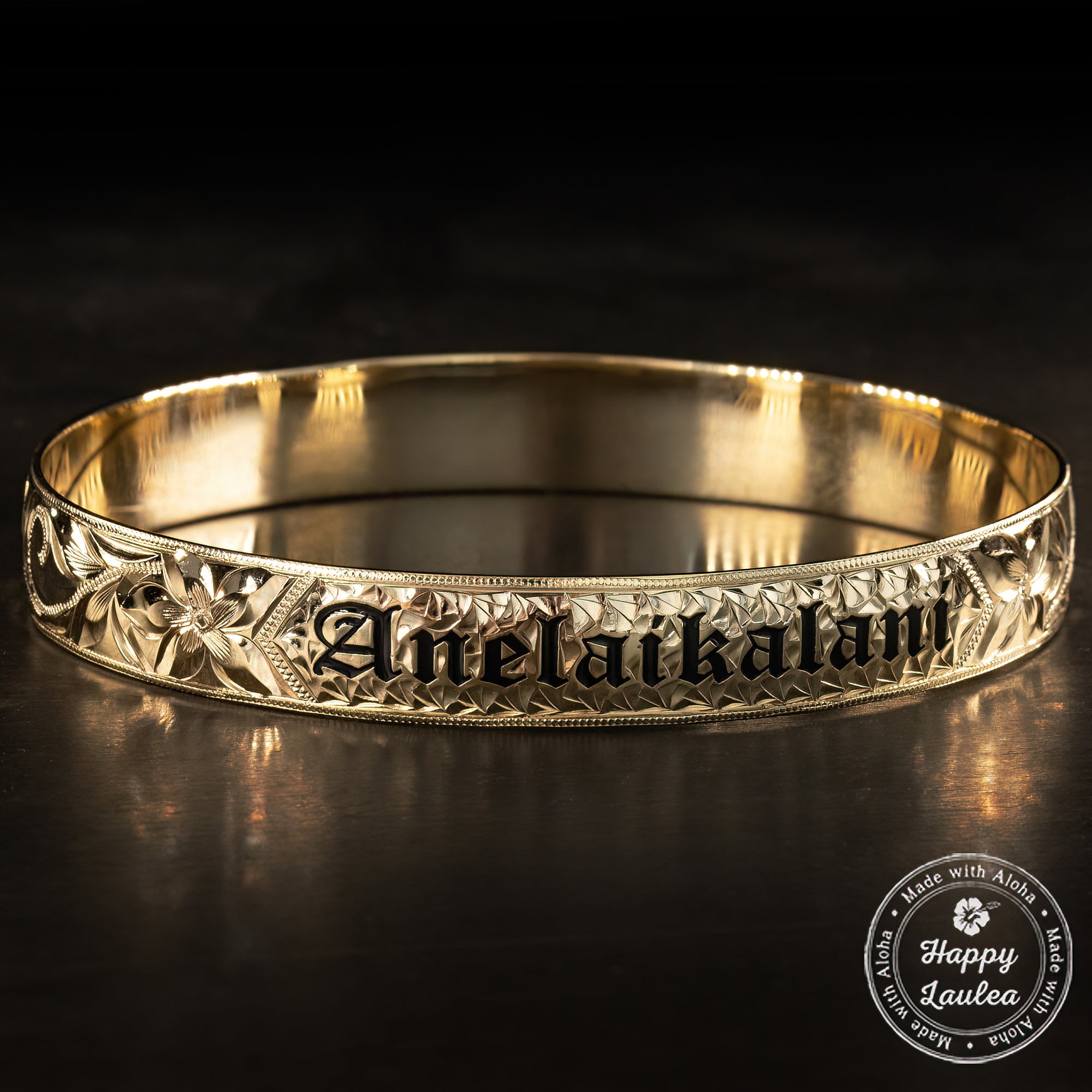 14K Gold Hawaiian Heirloom Jewelry Bracelet [10mm width] Black Enamel