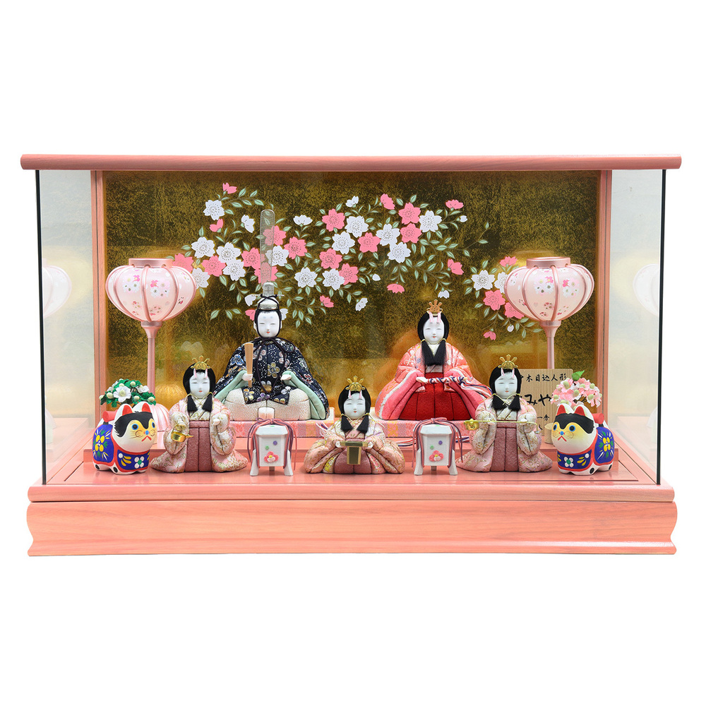 雛人形 木目込五人ケース飾り【P80405】 桜柄衣装の可愛い木目込5人