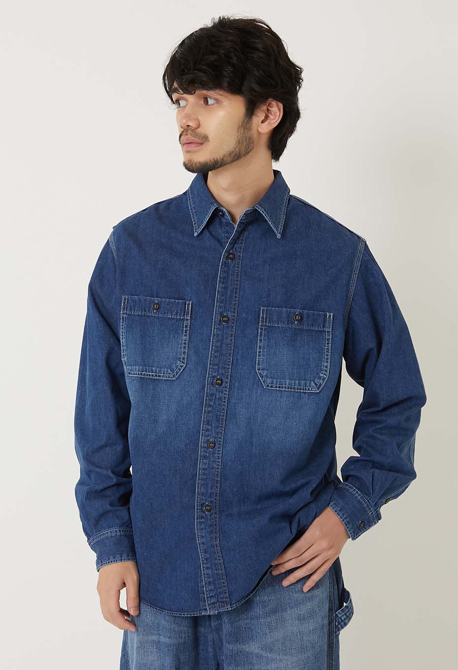 ジャカード シャツデニム 2ポケットワークシャツ /VINTAGE WASH | BLUE