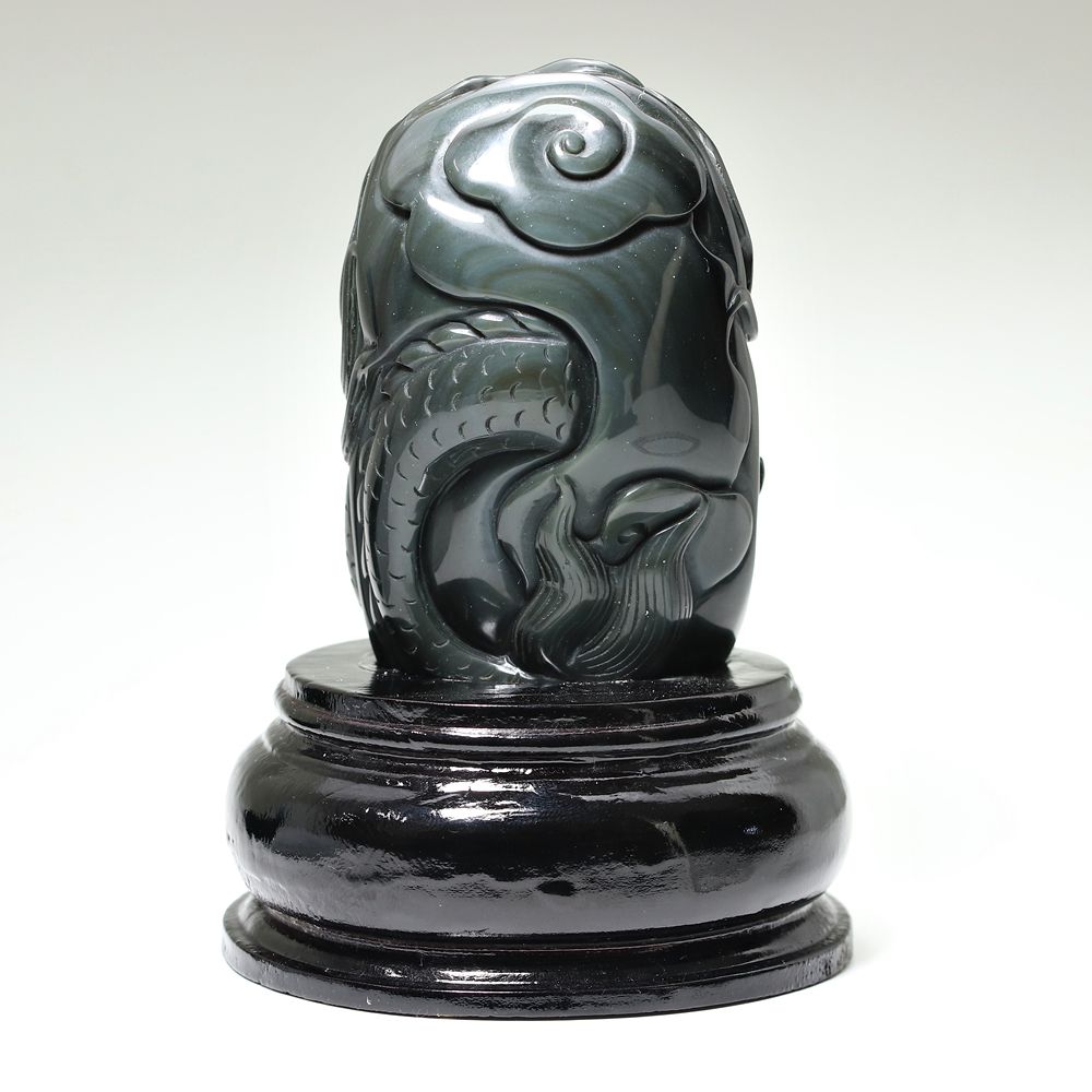高品質]メキシコ産レインボーオブシディアン黒曜石/(辰)龍彫刻（全高約