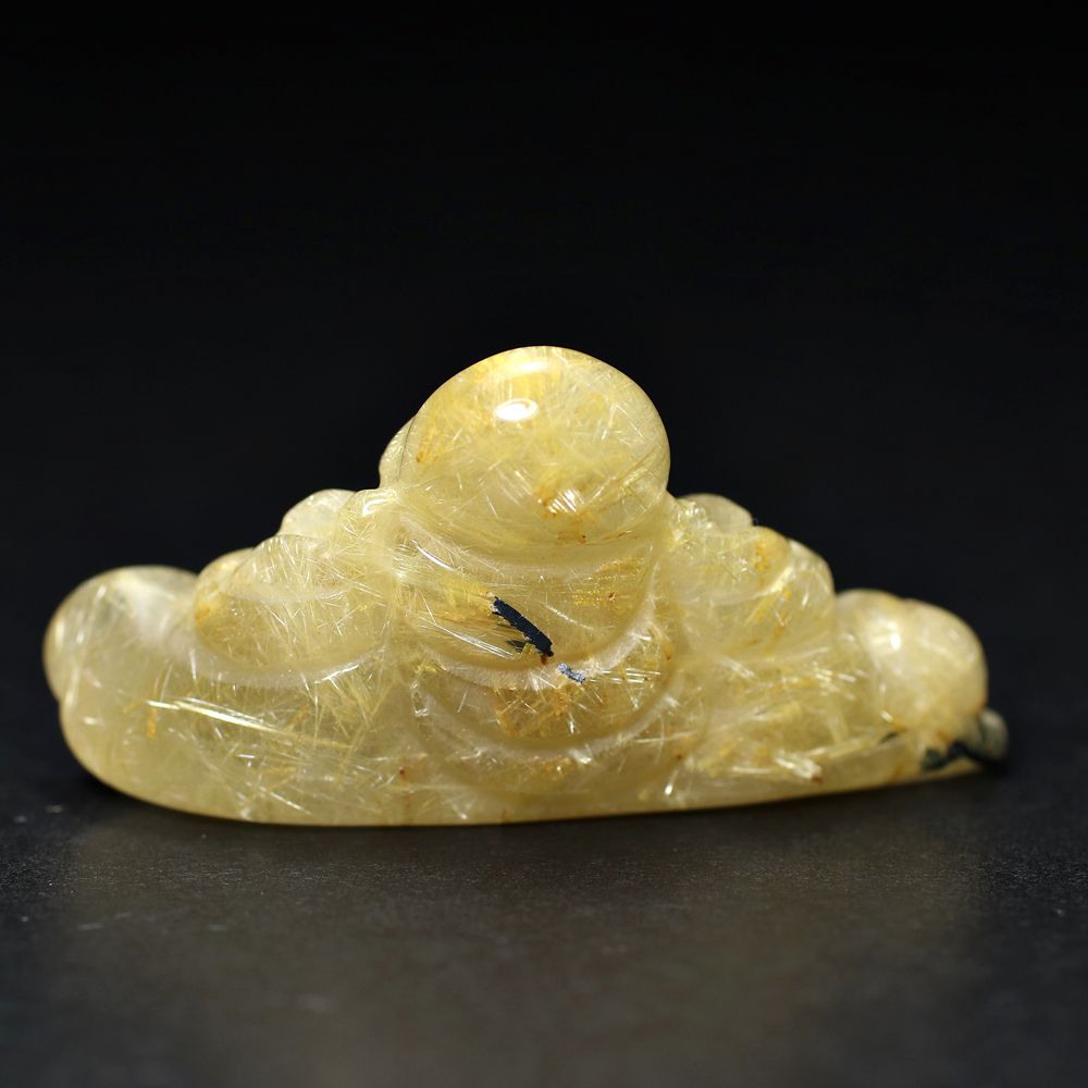 ブラジル産]ゴールドルチルクォーツ彫刻/布袋様（専用木製台座付