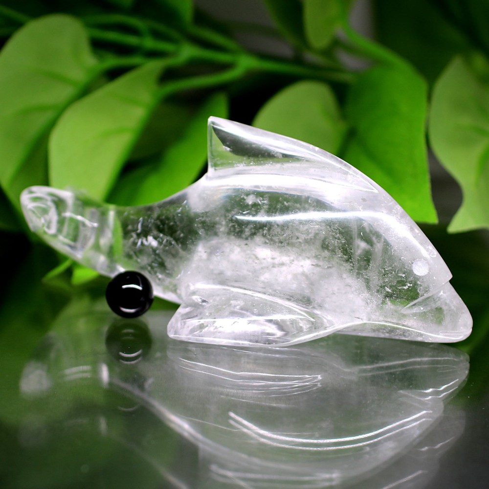 インド産]天然ヒマラヤ水晶イルカ彫刻/アイリスクォーツ置物（全長約