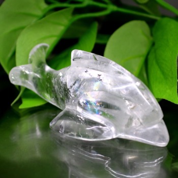 インド産]天然ヒマラヤ水晶イルカ彫刻/アイリスクォーツ置物（全長約