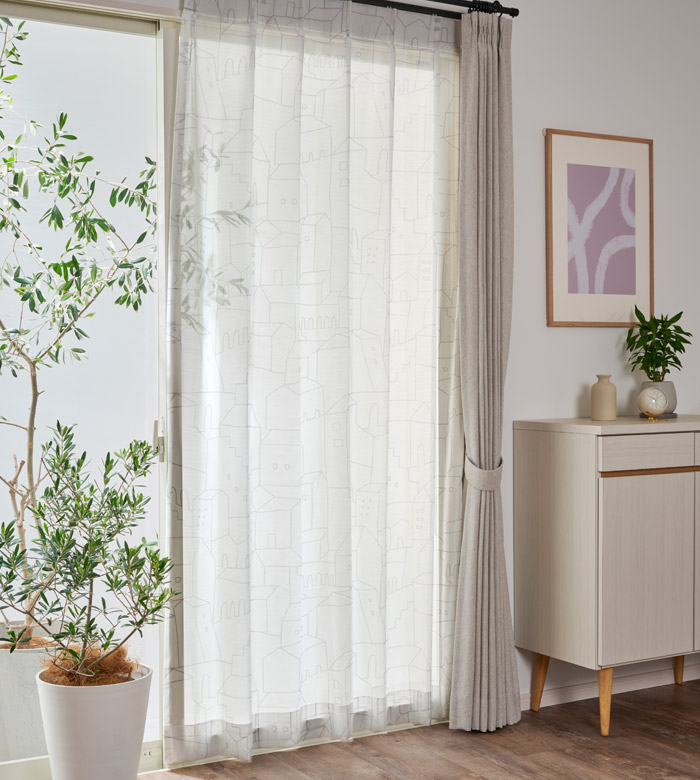 街並みのシルエットがおしゃれな遮熱レースカーテン シャフルレース（L