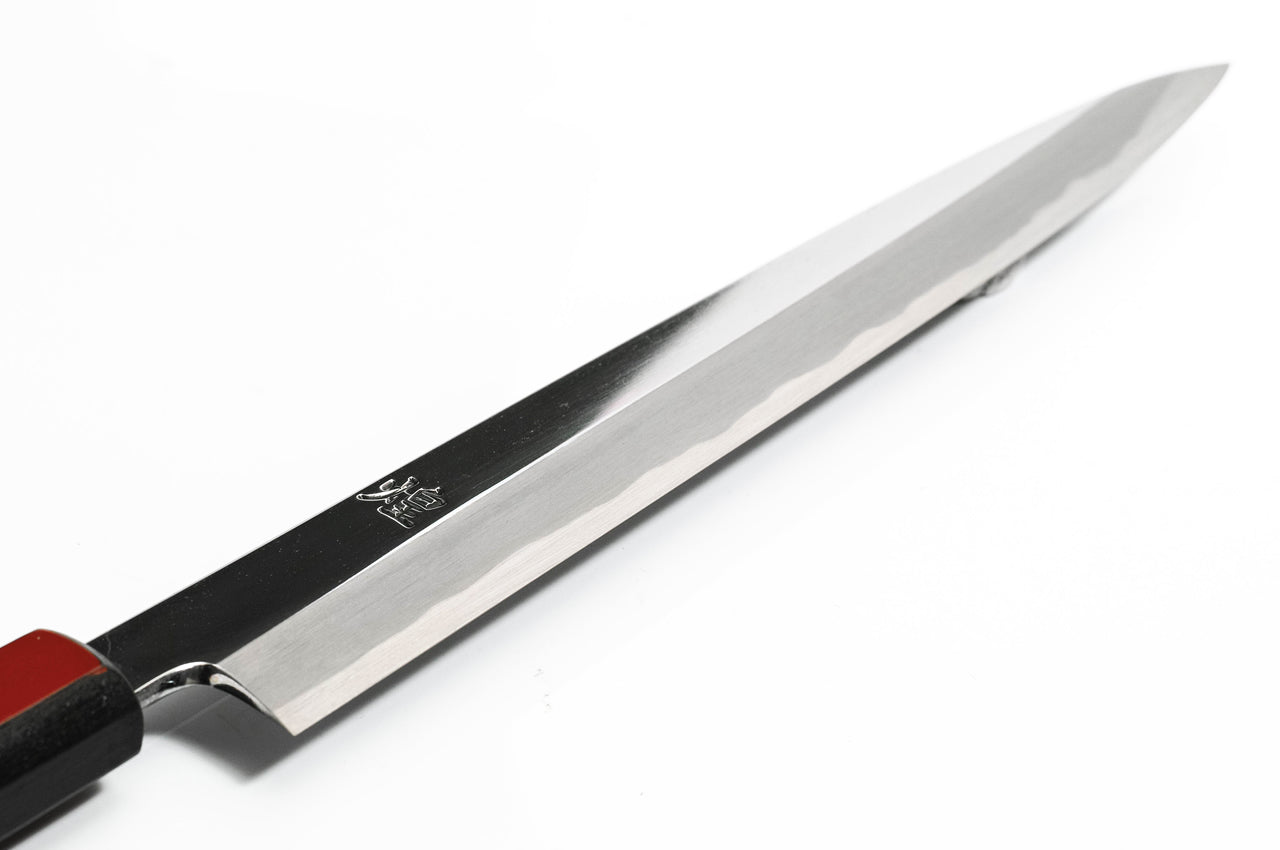 煌 白一鋼 鏡面仕上 赤呂柄 柳刃包丁 – 堺一文字光秀