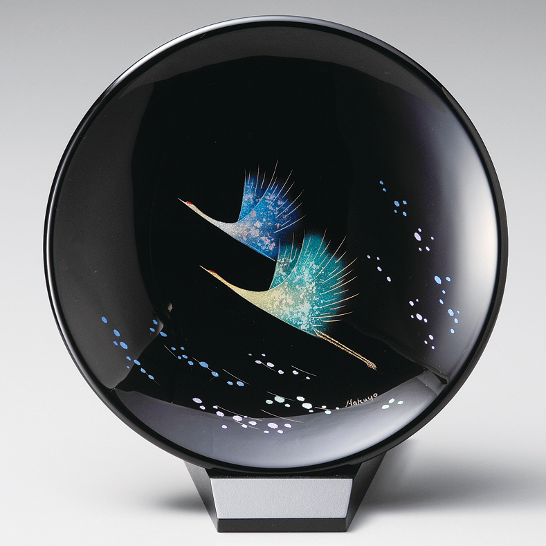 飾り皿(小） 鶴 スタンド付 漆塗り・木製 12-13605 漆器の井助