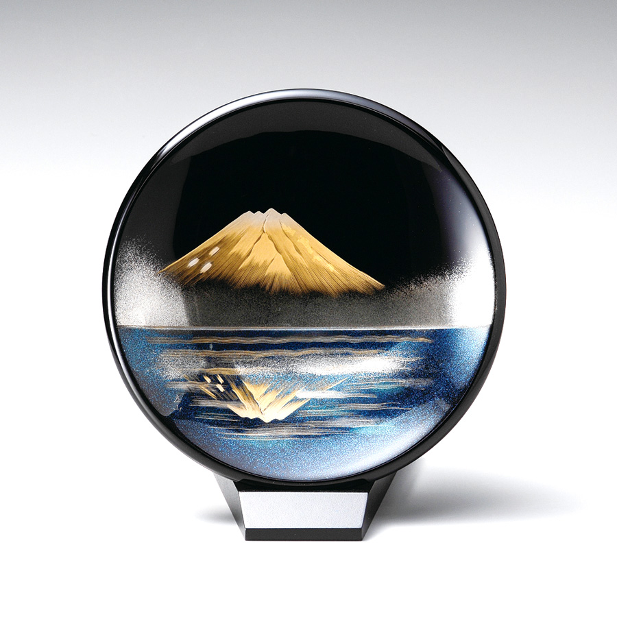 鏡金富士 飾り皿（小）スタンド付 漆塗り・木製 【製造中止】 漆器の井助