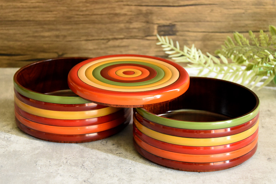 丸二段重箱 独楽文様 弁当箱/ランチボックス 木製 漆塗りお重箱 FC4-11