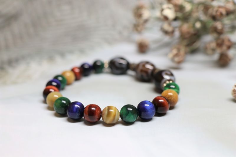 宝瓶天珠 亀甲蓮花天珠 如意天珠 タイガーアイブレス 仕事運 金運 - 石