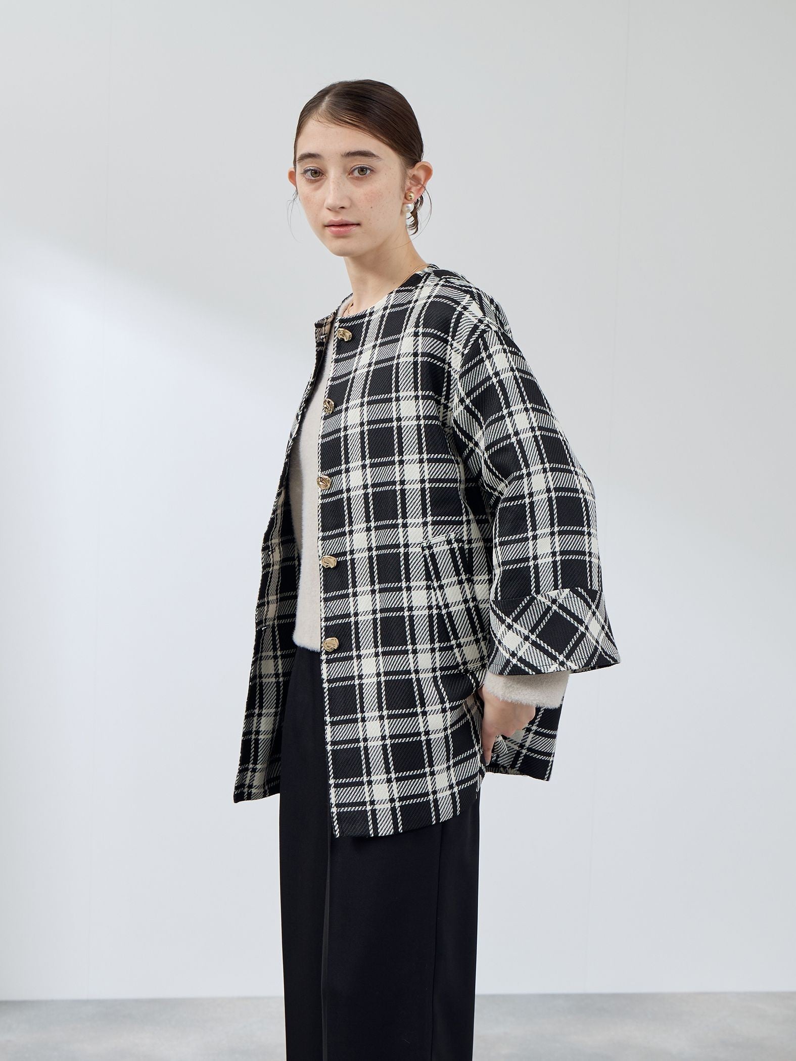ツィーディチェックノーカラーコート≪手洗い可能≫ | QUEENS COURT