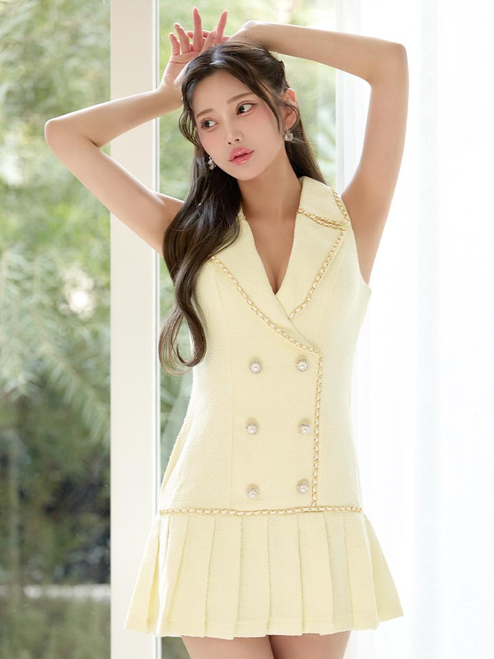 ノースリーブツイードプリーツミニドレス/キャバドレス【XS-XLサイズ/1