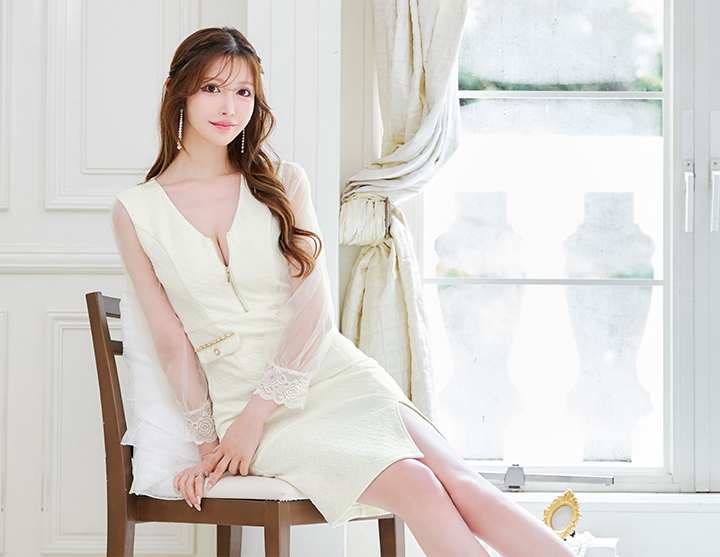 シアースリーブワッフルジップアップタイトミニドレス/キャバドレス