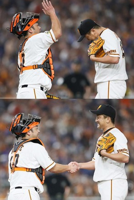 2回、マウンド上で沢村（右）の頭…：頼れる「慎ちゃん」 阿部慎之助