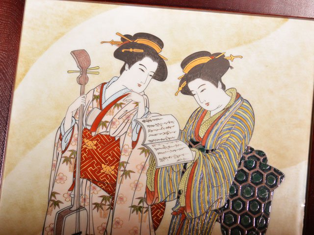 献上手古伊万里焼】陶額 染錦本金元禄美人浮世絵図