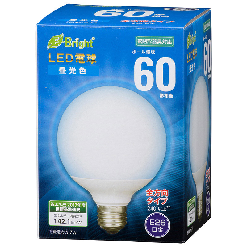 LED電球 ボール形 E26 60形相当 全方向 昼光色 [品番]06-3602｜株式