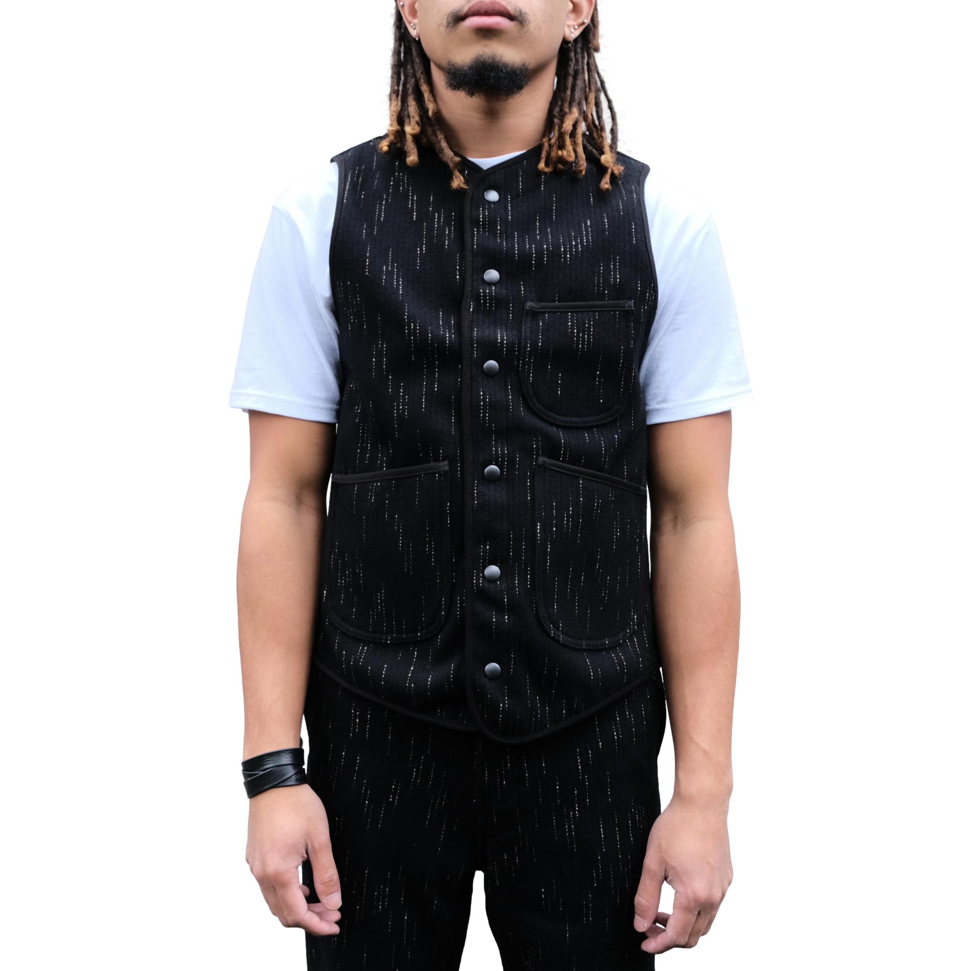 Studio D'Artisan Black Kasuri Dyed Beach Cloth Vest - Okayama Denim