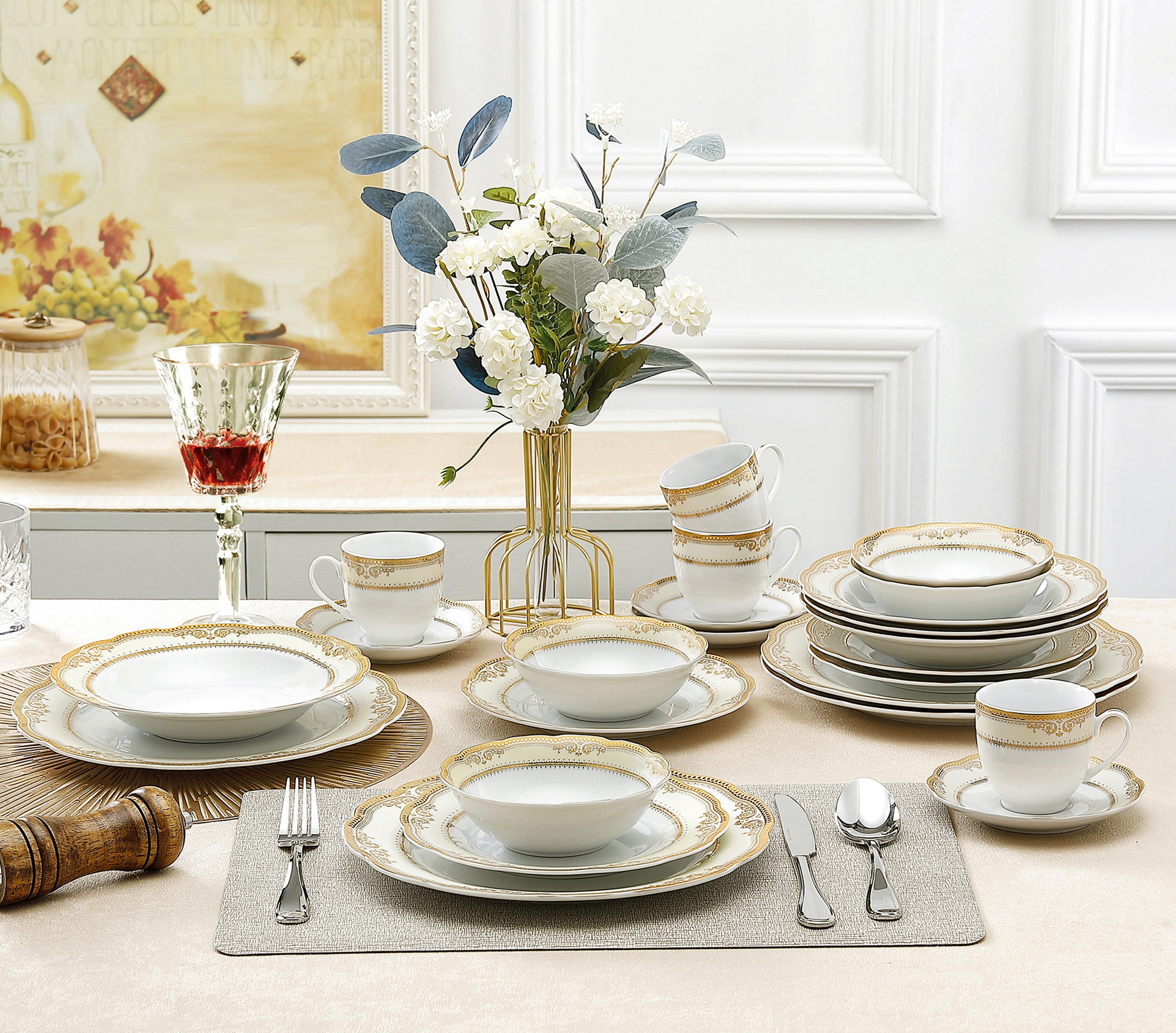Porcelain Wavy Edge Dinnerware Set, 24 Piece Service for 4 by