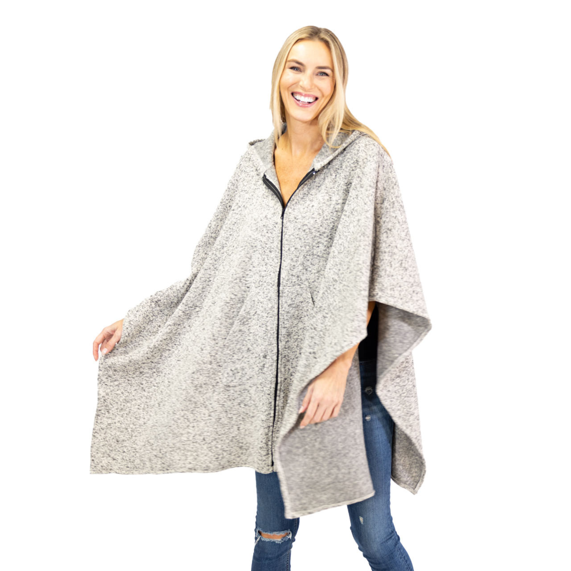Heather Anne Hooded Full Zip Marl Knit Fleece Poncho – Linda Anderson