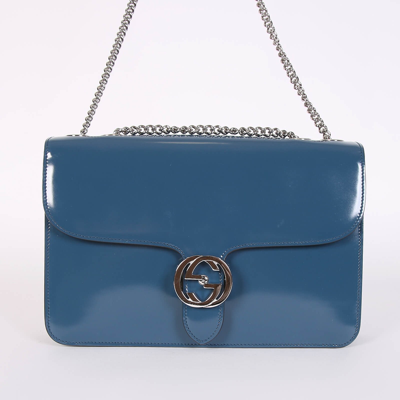 Gucci - GG Interlocking Polished Leather Chain Shoulder Bag Blue
