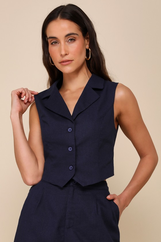 Navy Blue Linen Vest - Collared Vest Top - Cropped Linen Vest Top