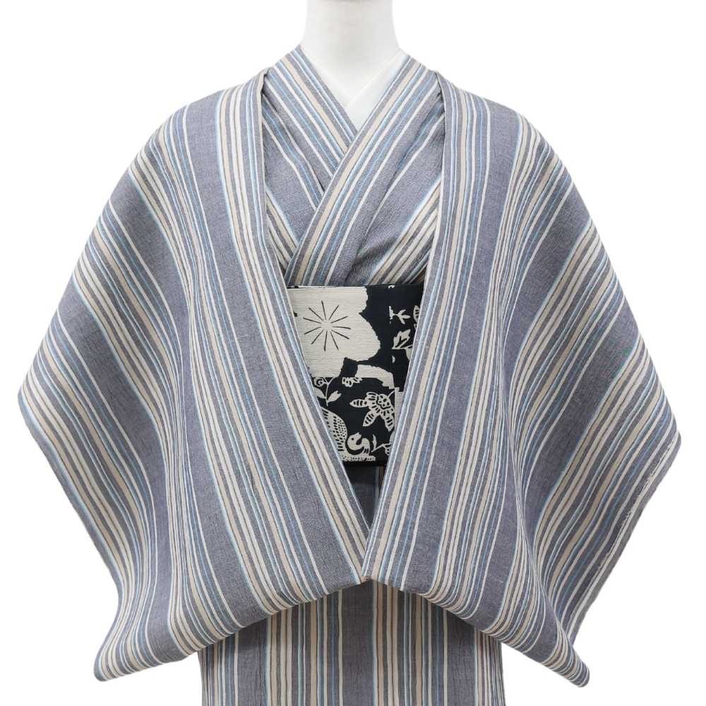 洗える綿麻着物 近江ちぢみ「ブルーグレイ×マルチストライプ」｜ひでや