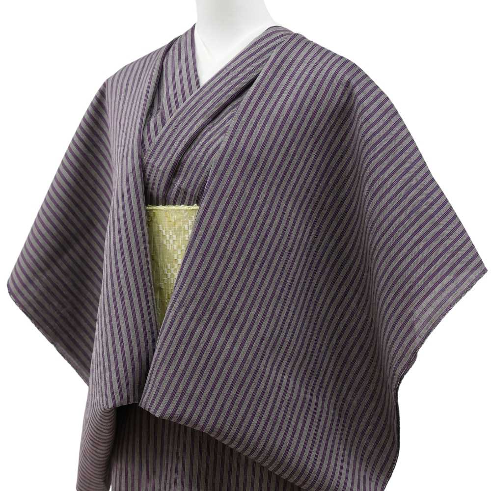 洗える綿麻着物 近江ちぢみ「グレイ×パープルストライプ」広幅｜ひでや