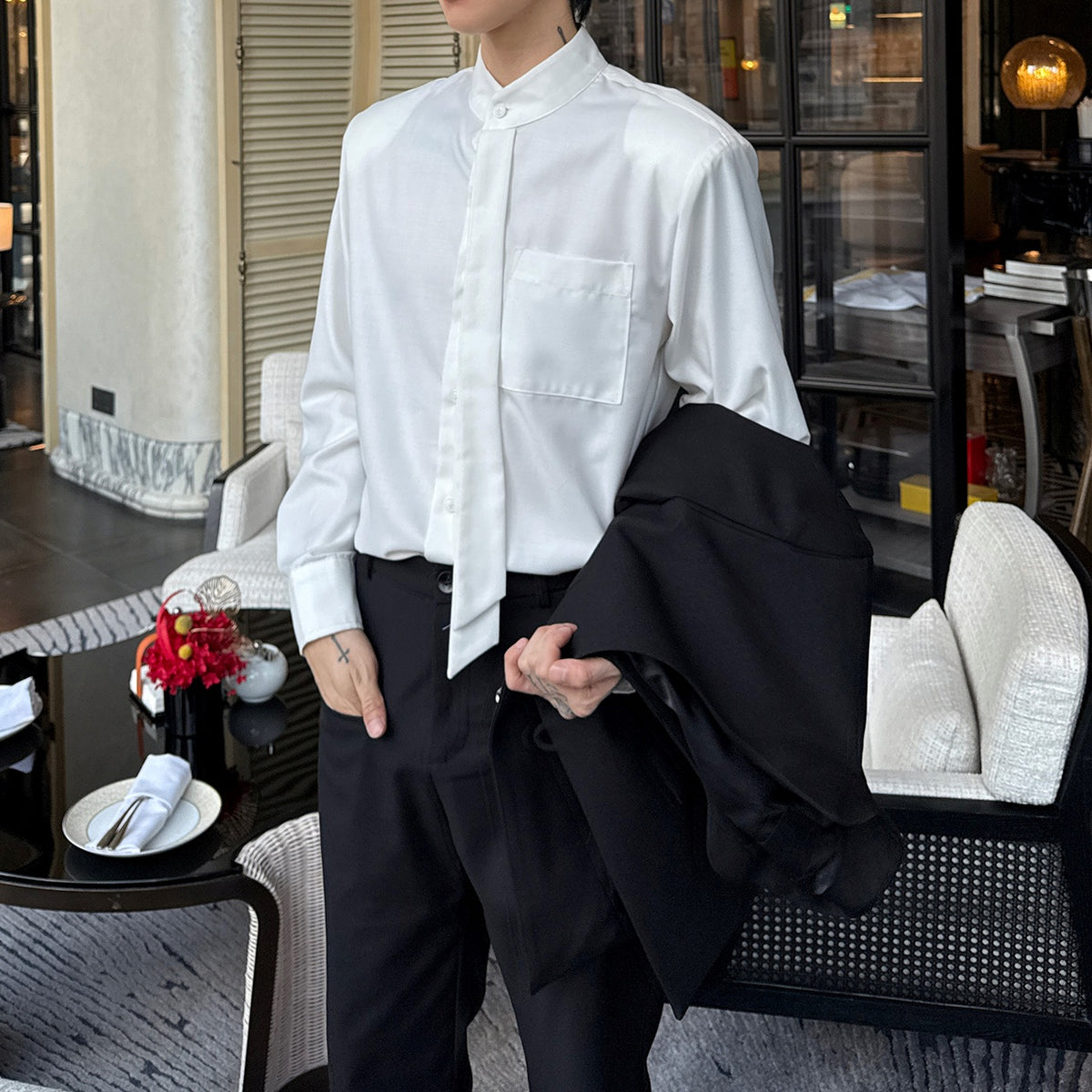 ハイネックタイデザインクラシカルシャツ mf3231【韓国モード