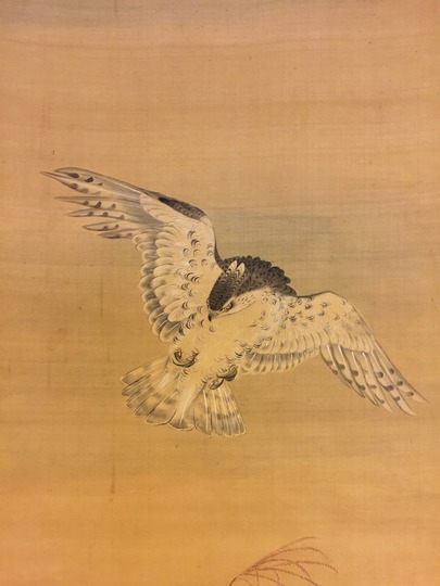 鷹に松、絹地に宮本清風の直筆画、 大幅、絹地の絵のみ、送料無料 鷹に