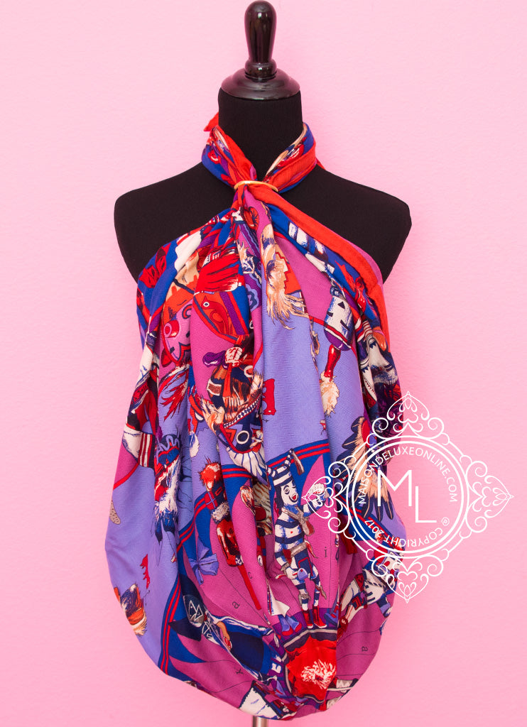 Hermes Cashmere 140 GM Kachinas Blue Purple Shawl Scarf Wrap